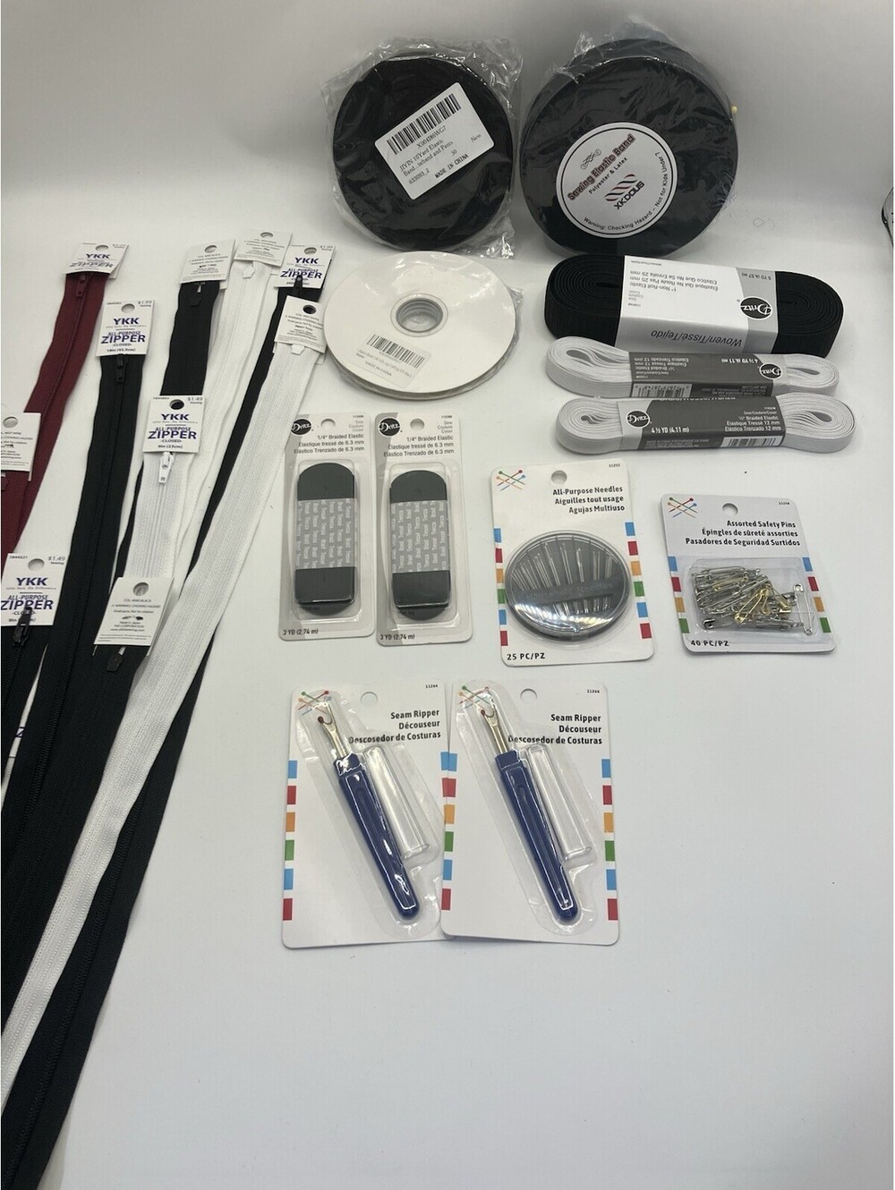 Lot Of 24 New Sewing Items: Zippers, Seam Rippers, Needles, Safety Pins, More